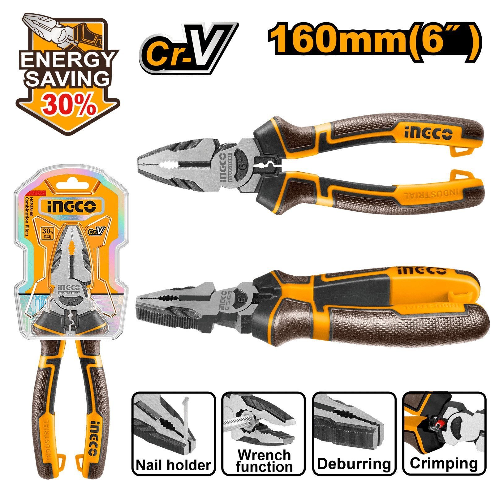Foto 2 de Alicate Universal Profesional INGCO 160mm (6″) – 30% Más de Fuerza – Acero CR-V