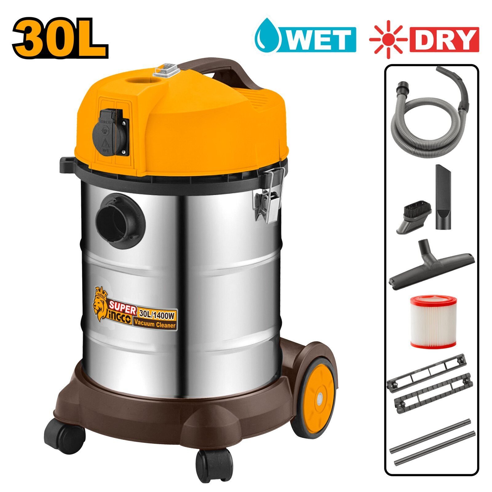 Foto 2 de Aspirador Industrial INGCO 1400W – 30L Inox – Seco/Húmedo con Toma para Herramie