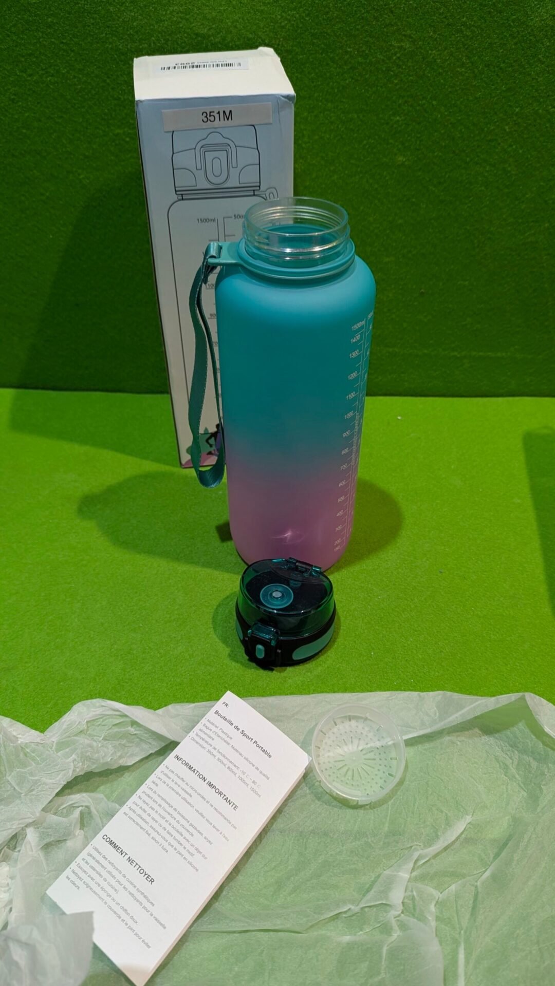 Foto 2 de Botella Agua, 1500ML Libre de BPA, Botella Agua Gimnasio