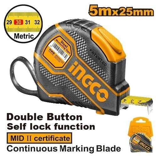Flexómetro Profesional INGCO 5m x 25mm - Autobloqueo y Carcasa de Goma en Riobamba, Chimborazo