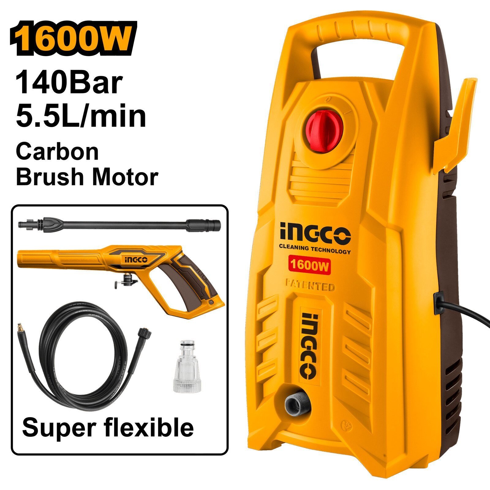 Foto 2 de Hidrolimpiadora Alta Presión INGCO 1600W – 140 Bar (2030 PSI) – Motor 100% Cobre