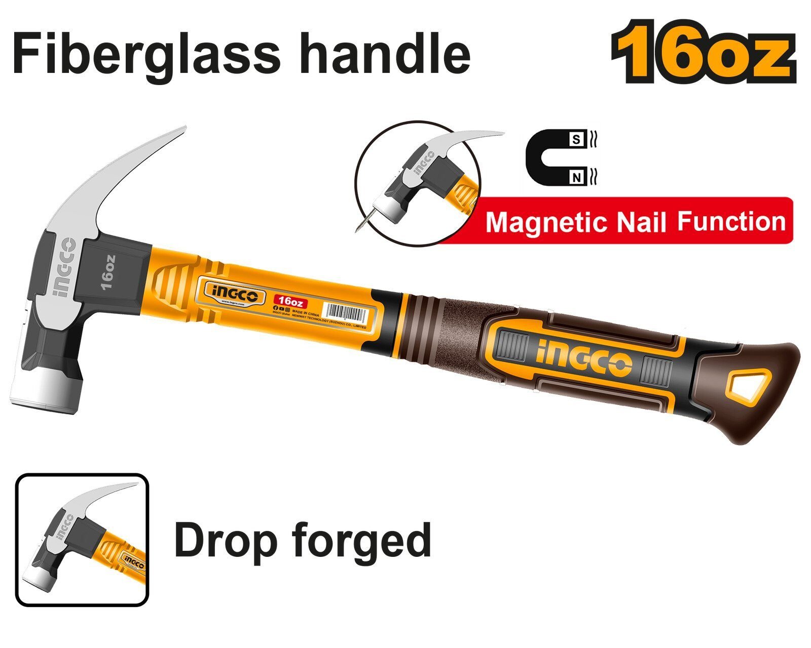 Martillo de Orejas Profesional INGCO 450g (16oz) - Soporte Magnético para Clavos en Riobamba, Chimborazo